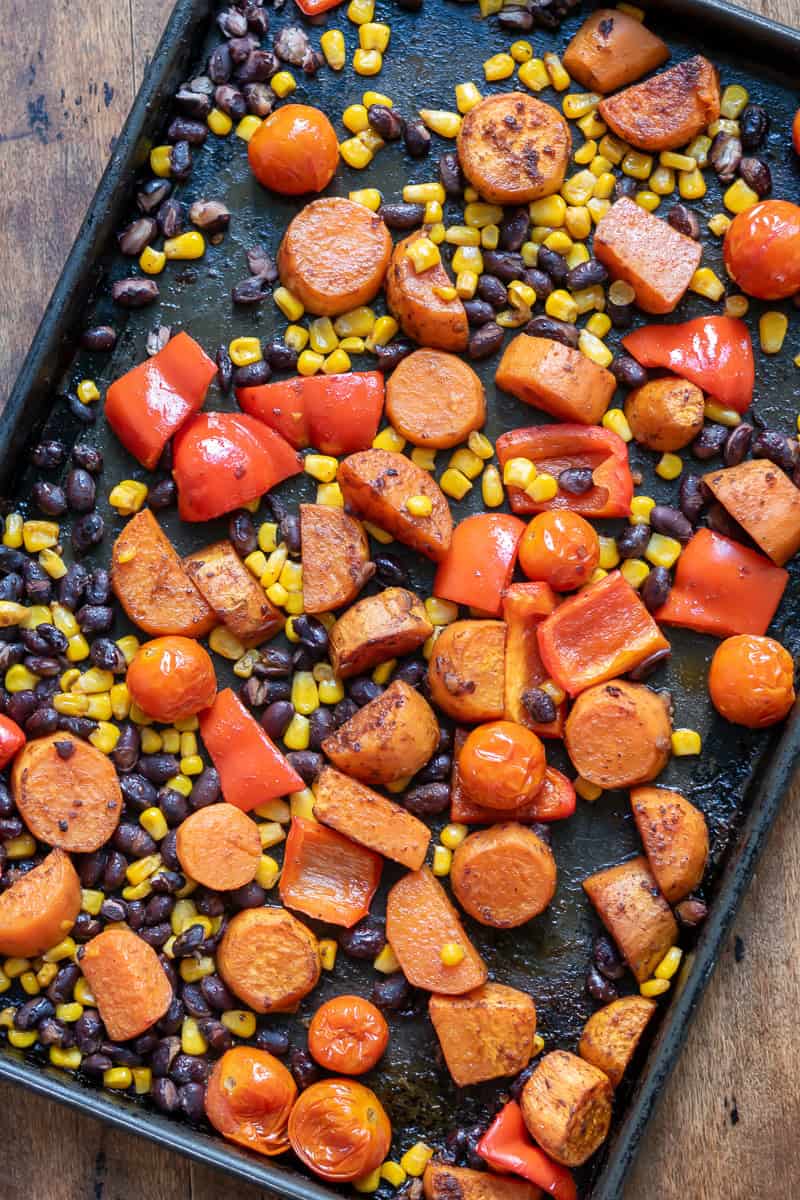 Roasted veggies on a sheet pan.