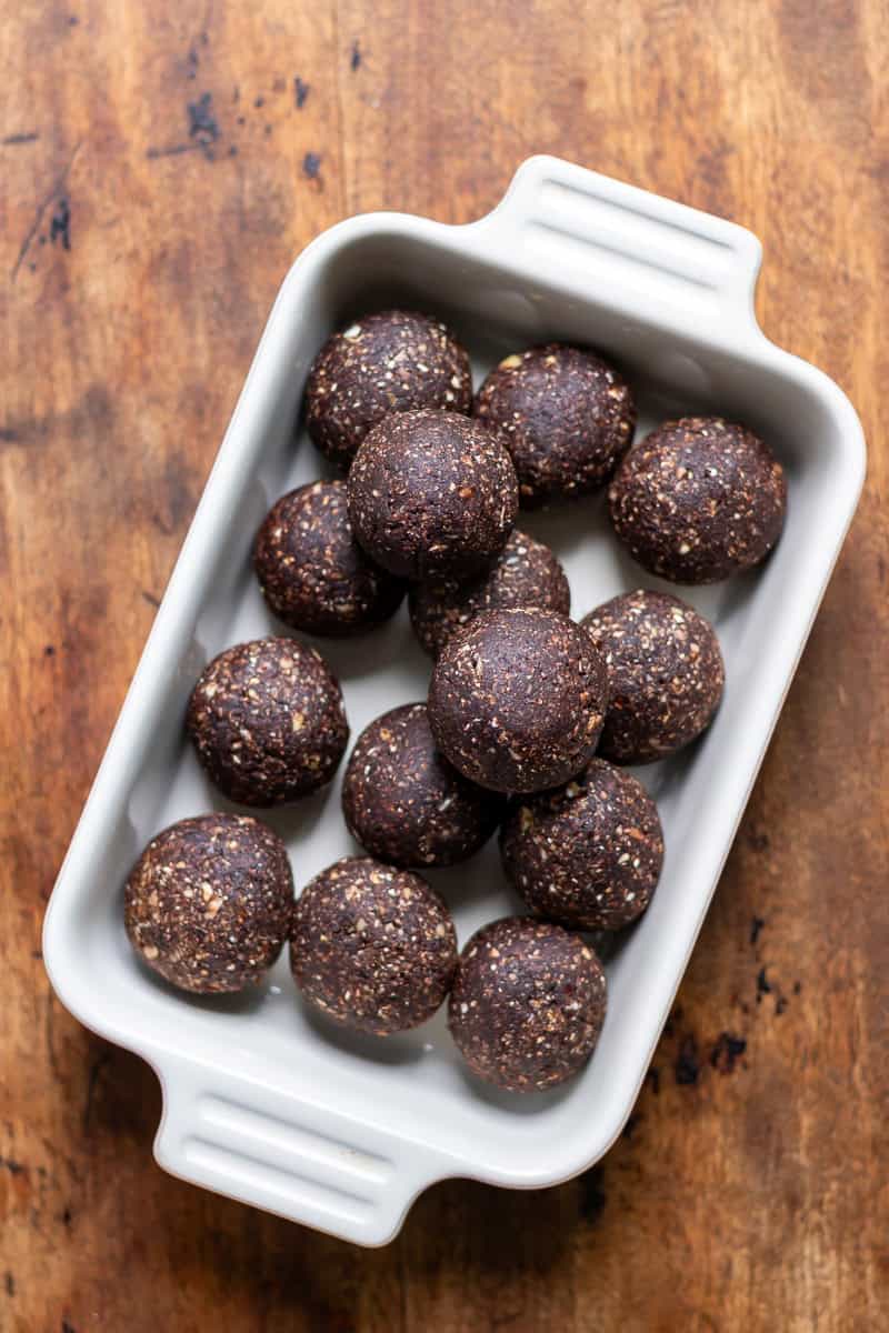 Dish of mint chocolate energy balls.