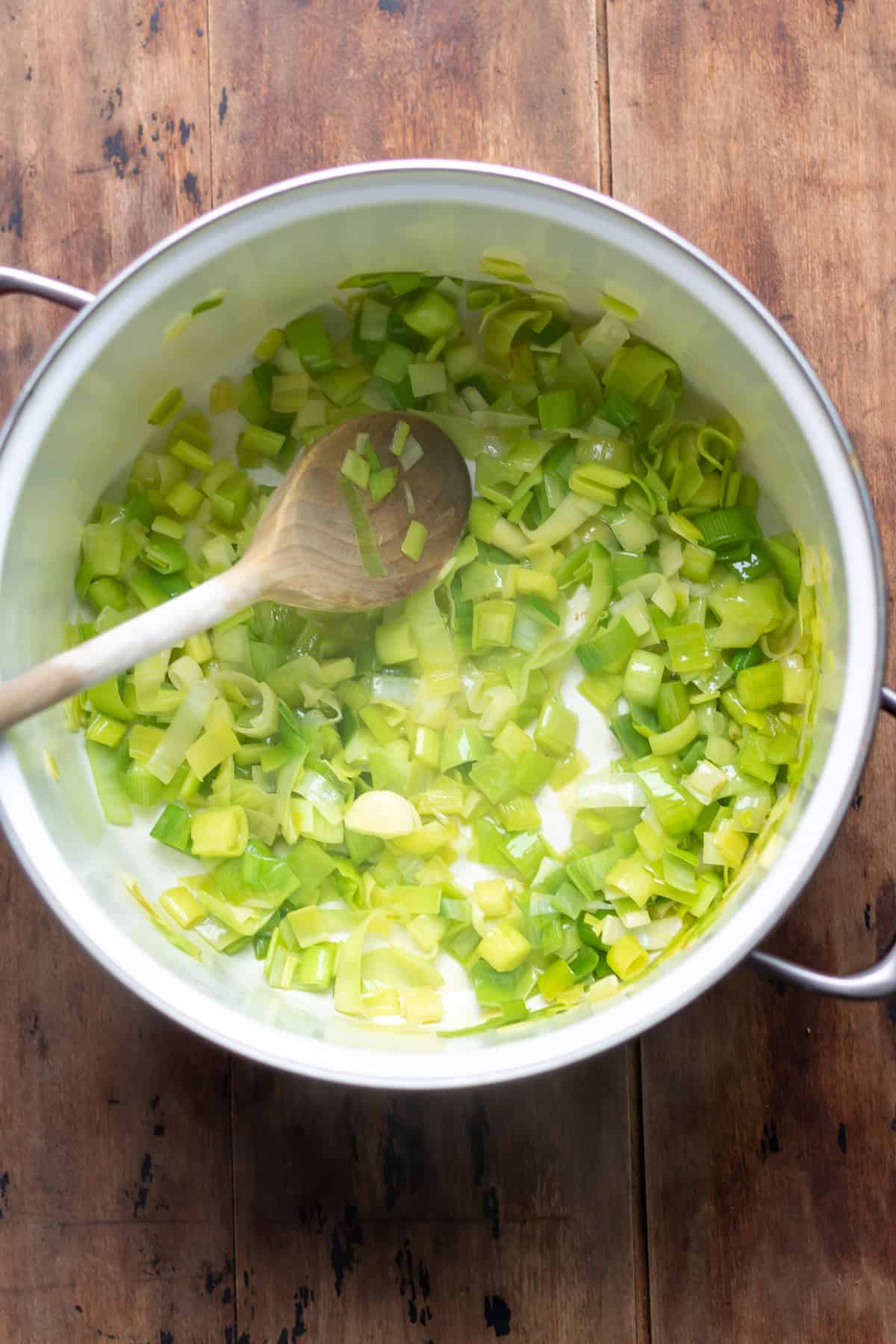Sauteeing leeks.