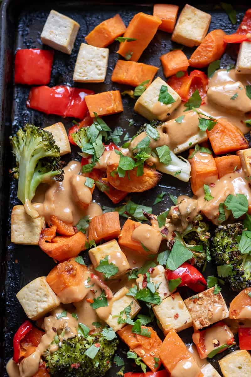 Close up of Peanut Lime Tofu Vegetable Tray Bake.