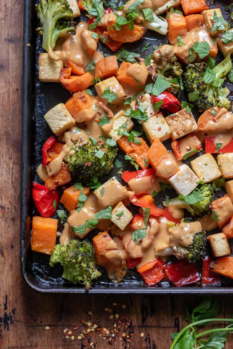 Corner of the sheet pan of Peanut Lime Tofu Vegetable Bake