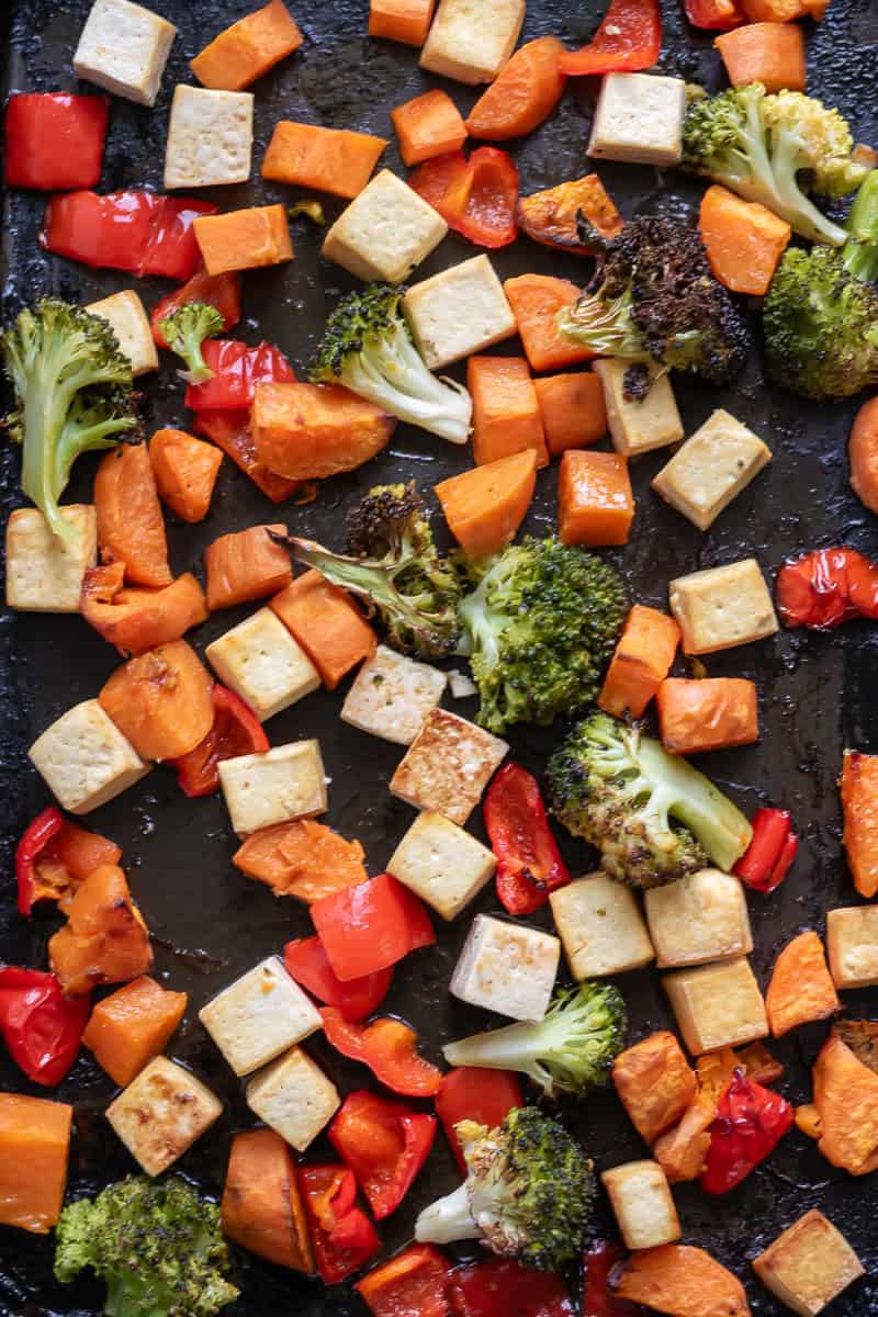 Close up of roasted tofu and vegetables.